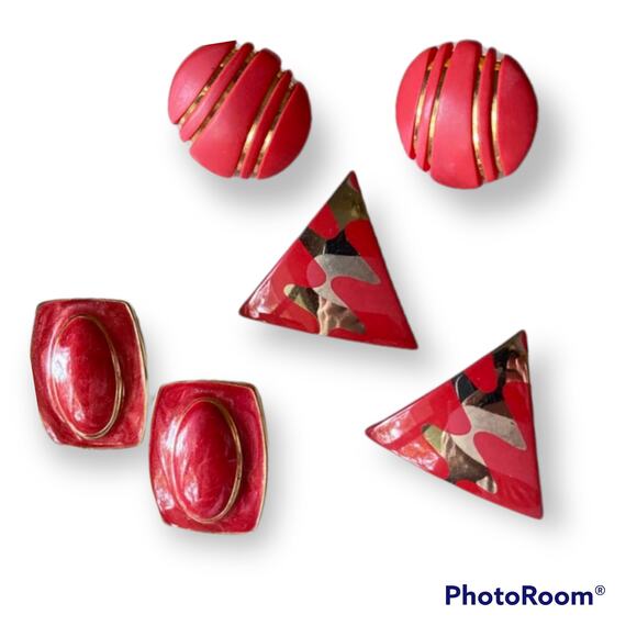 80s style red and gold post earring bundle, 3 pair - Picture 1 of 12